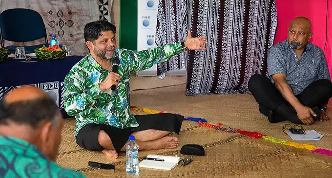 Attorney-General and Minister for Economy, Civil Service, Communications, Housing and Community Development, Aiyaz Sayed-Khaiyum ,with Fiji Development Bank Chief Executive Officer, Saud Minam, during the talanoa session after the launch of FDB’s ginger loan facility at Lomaivuna, Naitasiri, on May 26, 2022. Photo: Leon Lord.