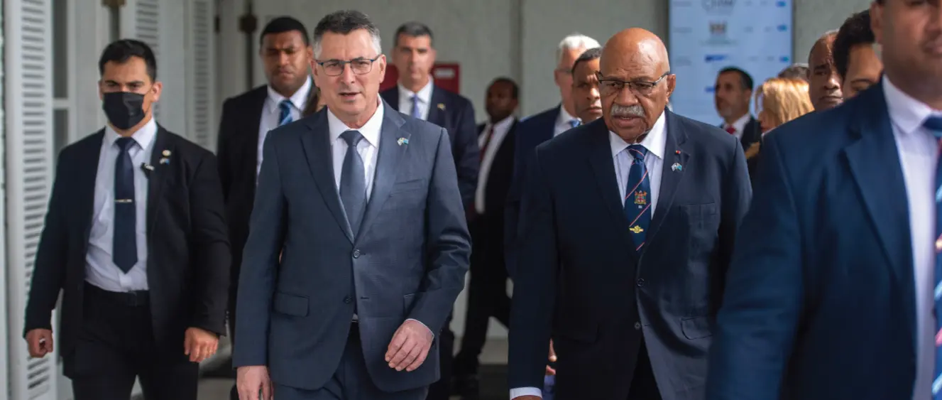 Israel’s Foreign Affairs Minister Gideon Sa’ar with Prime Minister Sitiveni Rabuka in Suva on June 2, 2026.