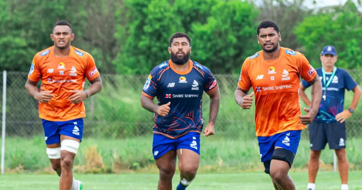 Fijian Drua forwards (left-right) Vilive Miramira, Haereiti Hetet and Kitione Salawa while attack coach Tim Sampson looks on during training at the Drua’s homebase ground in Legalega, Nadi, on February 26, 2026. Photo: Fijian Drua.