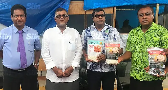 Fiji Development Bank General Manager Shaukat Ali, Tavioka Organic Fiji owner Anwar Khan, Minister for Agriculture, Waterways, and Environment Mahendra Reddy and Commissioner Western Mesake Ledua at Drasa, Lautoka on December 6, 2021. Photo: Waisea Nasokia