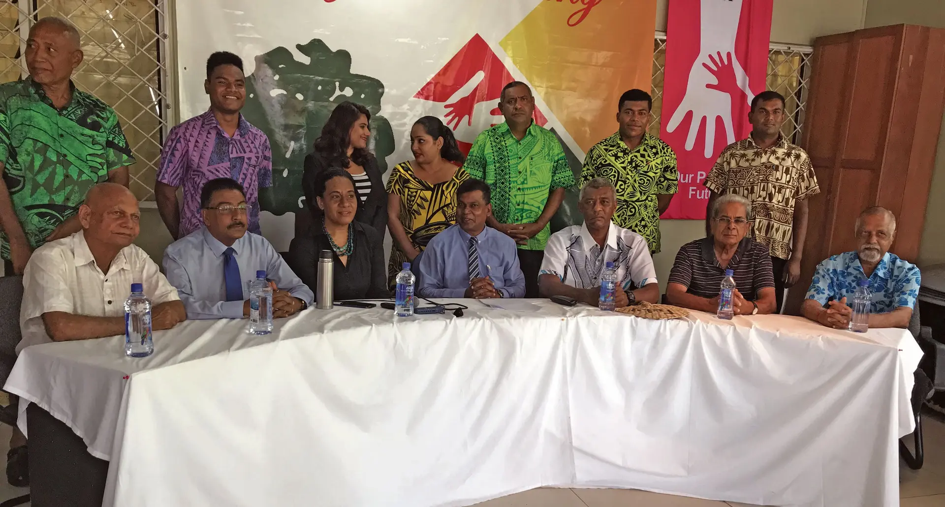 The National Federation Party’s second set of provisional candidates with the Party Leader Biman Prasad (sitting middle), president Pio Tikoduadua (sitting third from right) and vice president Leba Seni Nabou (sittind third from left).