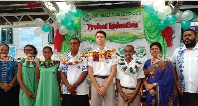 From left: Drasa Avenue School Parents Teachers Association President Raijieli Powell, Deputy head girl Asena Waqanicakau, Head Girl Ashey Ayushi, Commissioner West Mesake Ledua, Head boy Joshua Bastian and the Deputy Head Boy Joji Tamanivakatagi after the prefects’ induction in Lautoka on May 11, 2022. Photo: Salote Qalubau