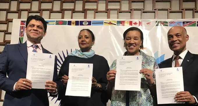 Attorney-General and Education Minister Aiyaz Sayed-Khaiyum with Kenyan Education Minister, Amina Mohamed, Secretary General to the Commonwealth, Baroness Patricia Scotland and former Chair of the 19th Conference of Education Ministers from the Bahamas, Jeffrey L’lloyd each holding a copy of the Nadi Declaration after the 20th Conference of Commonwealth Education Ministers ended at Sheraton Resort on Denarau Island in Nadi on February 23, 2018. Photo: Arieta Vakasukawaqa