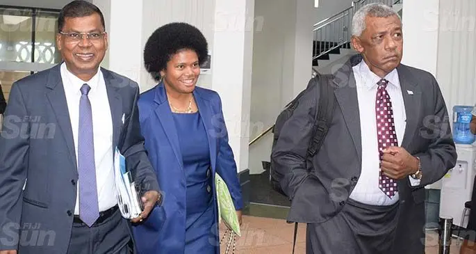 National Federation Party Opposition Members of Parliament Professor Biman Prasad, Lenora Qereqeretabua and Pio Tikoduadua outside Parliament on May 25, 2020. Photo: Ronald Kumar