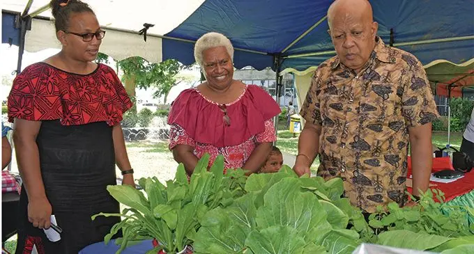 Makoi Womens Vocational training centre trainer, Rosemary Bilitaki (left), Amalaini Kanasalusalu explain their hydroponics farming display to the Permanent Secretary for Women, Children and Poverty Alleviation, Dr Josefa Koroivueta during the central division craft show at Ratu Sukuna Park on February 20, 2019. Photo: Ronald Kumar.
