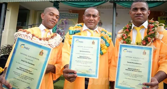 Fiji Corrections Service Automotive Mechanical Level 1 certificate graduates (from left) Isimeli Tiko Baleirotuma, Opeti Korodrau and Samuela Mocevakanananu at the Nasinu Corrections Service centre on July 21, 2020. Photo: Ronald Kumar