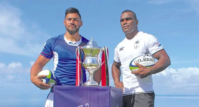 Samoa A captain Henry Stowers with Fiji Warriors captain Mosese Voka during the photoshoot on the 8th of March, 2018. Photo: Simione Haravanua