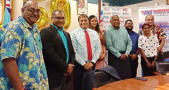 From left: Post Fiji Pte Limited Head of Human Resources, Ashish Chand , Head of Retail Marketing Isaac Mow, Post Fiji chief executive officer, Anirudha Bansod, Head of Procurement Priyanka Dharshani, Head of Postal Services Iliesa Vanawalu, National Sales Manager Shivnay Ram, Sales Executive Viliame Diloi and Manager Marketing and Call Center Nirmala Nambiar. Photo: Laiseana Nasiga.