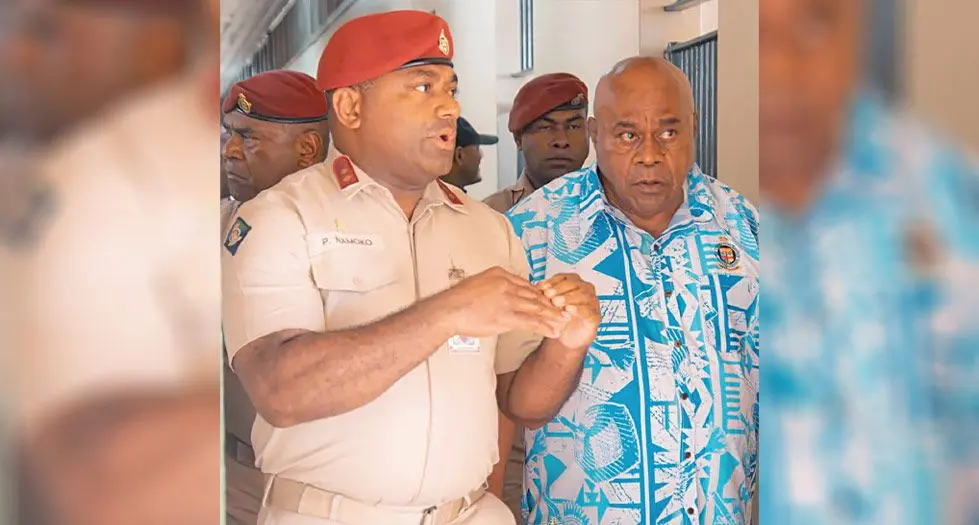Fiji Corrections Service Officer in Charge Levuka Panapasa Namoko (left) briefs Commissioner Jalesi Nakarawa.