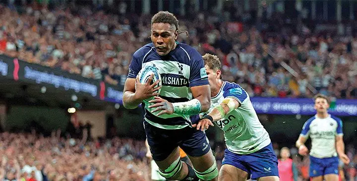 Bristol Bears and Flying Fijians No.8 Viliame Mata dives over to score a try against Bath in their Gallagher Premiership clash at the Principality Stadium in Cardiff, Wales, on May 10, 2025. Photo: Planet Rugby