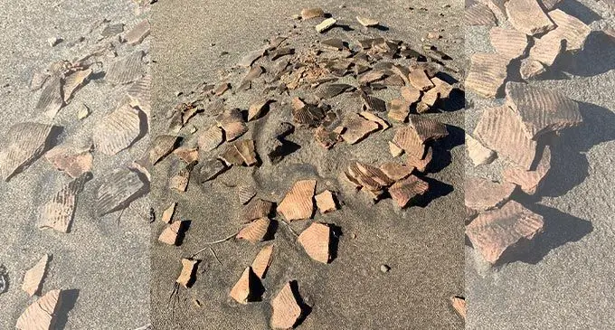 Ancient pottery sherds exposed on the big dunes.