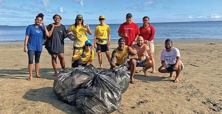Some fo the paddlers after a successful clean-up at Wailoaloa Beach on June 10, 2023. Standing (from left): Priya Sharma, Laisa Taga, Illeyah Draunidalo, Heather Pickering, Greg Triall and Tristyn Mario. Kneeling (from left): Camilla Simpson, Jale Tomasi, Mattieu Barre and Jone Gonevou. Photo: Nadi Bay Canoe Club