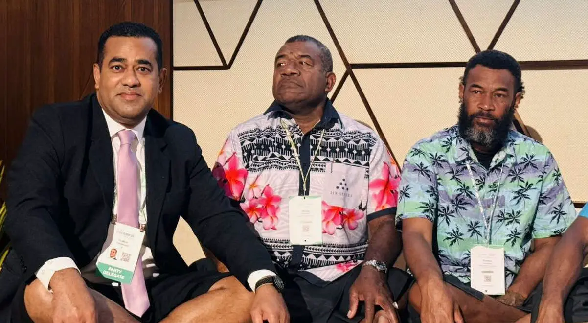 L-R) Minister for Lands and Mineral Resources Filimoni Vosarogo with the turaga ni koro of Waikalou Village Akuila Tuinasau and Cogea villager Kavaia Ravonokula at the Pre-COP31 Never-Before Voices: Pacific Grassroots Climate Leadership event at Crowne Plaza Fiji Nadi Bay Resort and Spa in Wailoaloa, Nadi, on October 7, 2026.