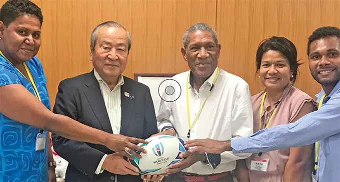 Pacific Islands senior journalists group in Japan. From left: Fiji Sun Managing Editor Business Maraia Vula, Rugby World Cup Japan 2019 organising committee chief executive officer Akira Shimazu, Barney Orere (Papua New Guinea Post-Courier), Bernadette Carreon (Pacific Note Palau), and Allen Waitara (Solomon Islands Broadcasting Corporation) on September 11, 2019.