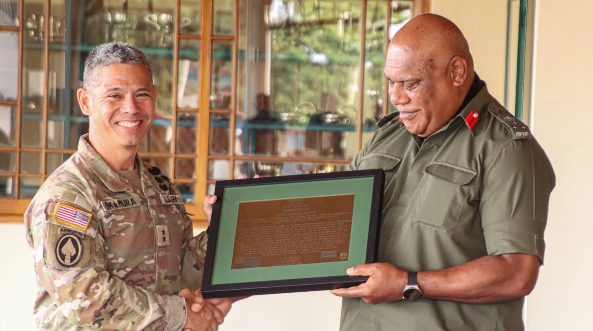The citation was officially handed over by U.S. Army Pacific Deputy Commanding General for Homeland Affairs, Major General Lance Okamura, to Commander Land Force Brigadier General Onisivoro Covunisaqa.