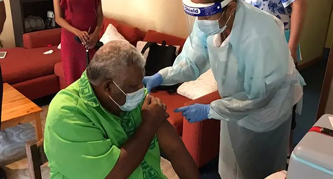 President of the Methodist Church in Fiji Reverend Ili Vunisuwai receives his first shot of the AstraZeneca vaccines in Pender Street, Suva on June 11, 2021. Photo: Inoke Rabonu.