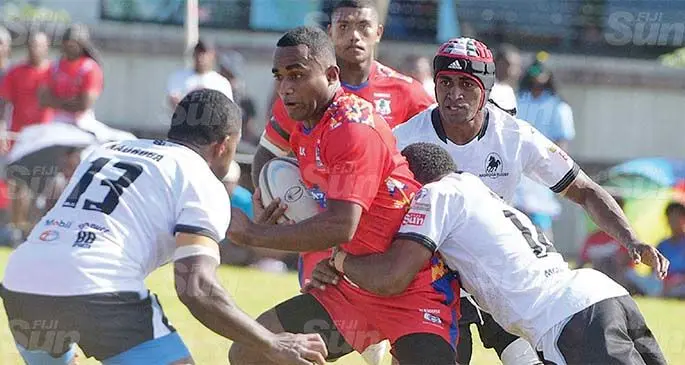 Namosi first five-eighth Joseva Vunisa is surrounded by the Nadroga players during the Skipper Provincial Cup clash at Thomson Park, Navua, on April 17, 2021. Photo: Ronald Kumar