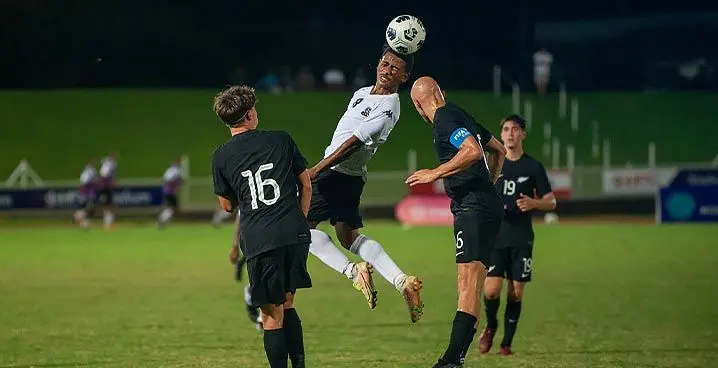 Baby Bula Boys striker Sailimone Ravonokula heads for possession against New Zealand during the Oceania Football Confederation (OFC) Under-17 Championship semifinals at the HFC Bank Stadium on January 25, 2023. Fiji lost to New Zealand, 4-1. Photo: Leon Lord