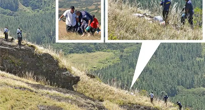 Police officers at the crime scene in the Nausori Highlands where five bodies were found. INSET: Police officers remove one of the bodies from the crime scene. Photos: Waisea Nasokia / Police Media Cell
