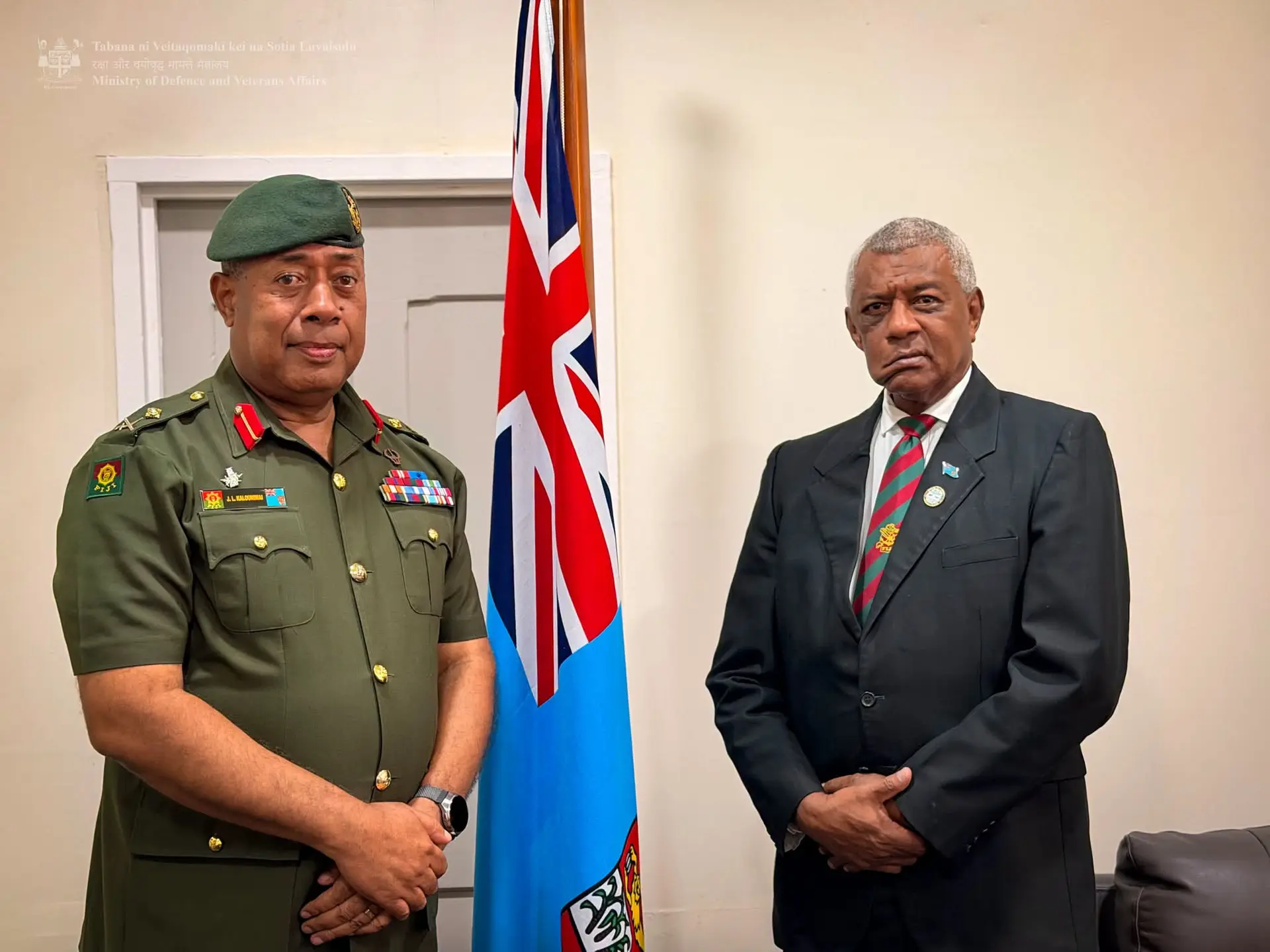 Republic of Fiji Military Forces (RFMF) Commander Major General Jone Kalouniwai with the Defence and Veterans Affairs Minister Pio Tikoduadua.