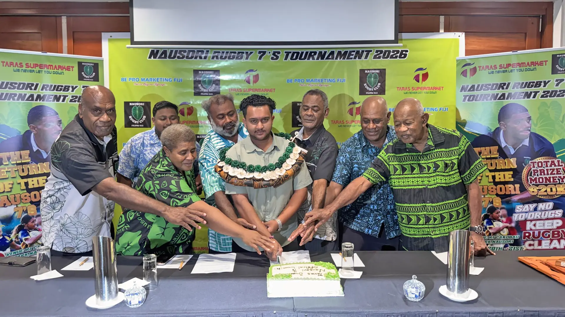 Tara’s Supermarket managing director Amish Patel (garlanded) with Nausori Rugby Club president Ratu Meli Balenaivalu and officials during the official launch at Tanoa Plaza in Suva on March 5, 2026. 