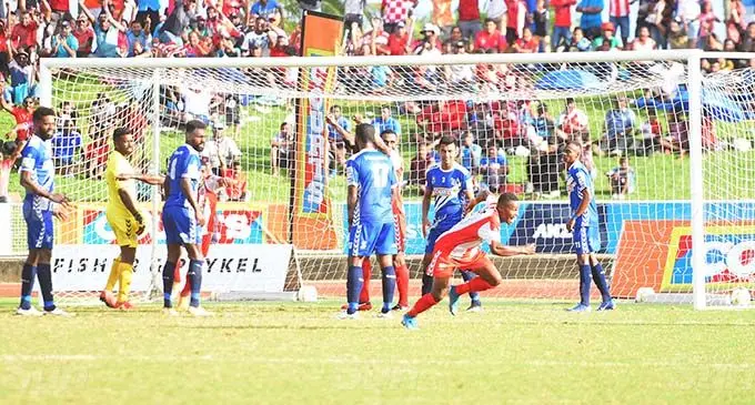 Ratu Anare of Labasa (right) celebrate his second IDC Final goal against Lautoka at ANZ Stadium on October 11, 2020.  Photo: Ronald Kumar