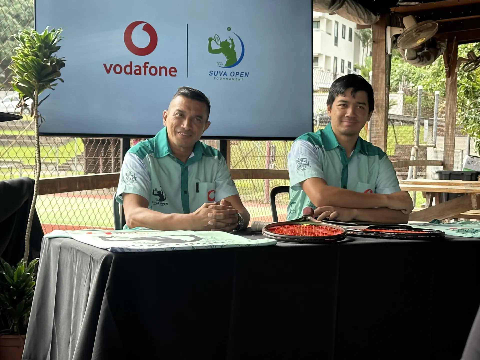 Vodafone Fiji head of recharge and distribution Nilesh Singh(left) and Suva Tennis Association vice president Daniel Naidu during the tournament launch at the Paradiso restaurant in Suva on August 7, 2026. Photo: Ioane Asioli