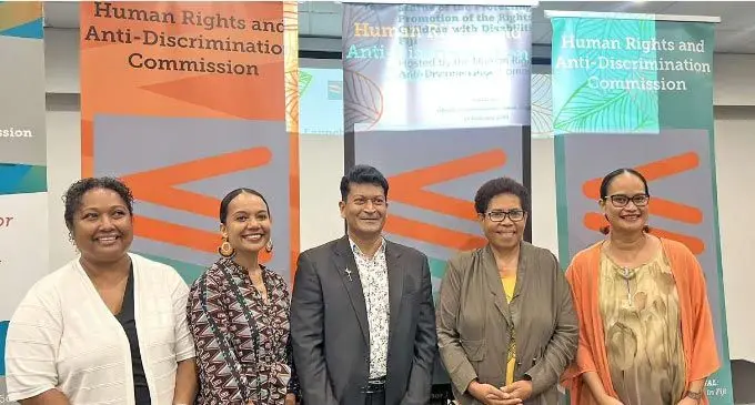 From left: Fiji Human Rights Anti-Discrimination Commissioner Chantelle Khan, Commissioner Verna Singh, chairperson and proceeding Commissioner Pravesh Singh, Commissioner Alefina Vuki and Commission director Loukinikini Lewaravu at the Holiday Inn Suva on February 21, 2025. Photo: Jone Salusalu
