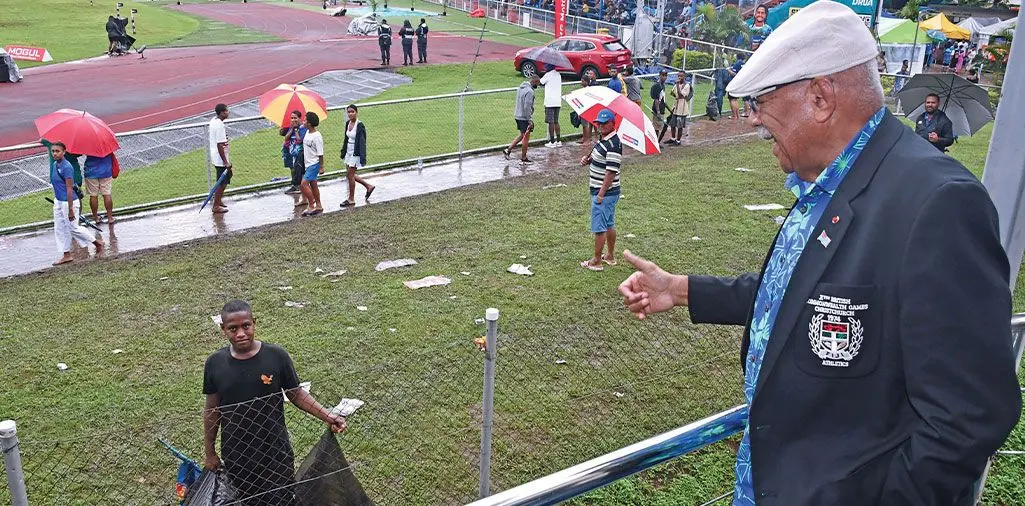 Prime Minister Sitiveni Rabuka gestures to Irinimo Kautitubuna while he picks up rubbish at Churchill Park in Lautoka on March 30, 2024. Photo: DEPTFO News