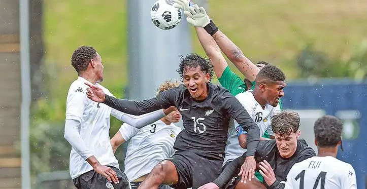 Fiji Under-23 goalkeeper Aydin Mustahib makes a save against New Zealand during the OFC U23 Championship at Mt Smart Stadium in Auckland, New Zealand, on August 30, 2023. Photo: OFC Media