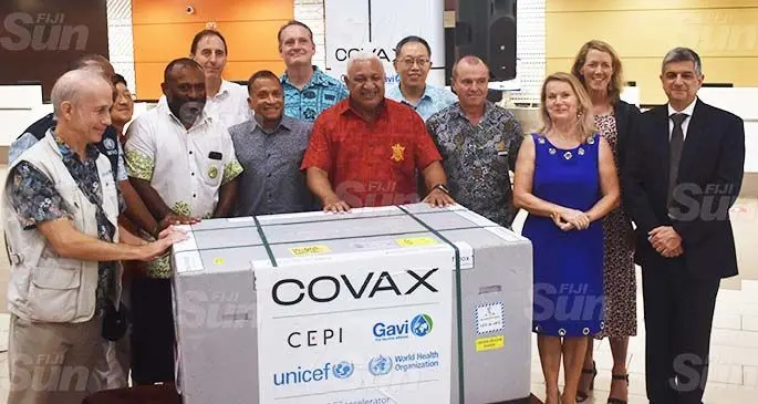 Prime Minister Voreqe Bainimarama, Health Minister Ifereimi Waqainabete and international representatives at the Nadi International Airport with the newly-arrived AstraZeneca vaccine. Photo: Waisea Nasokia