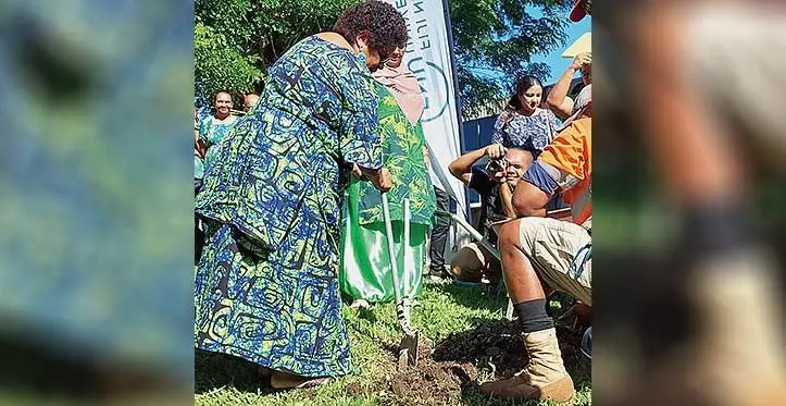 The Fiji National University Acting Vice-Chancellor Professor Unaisi Nabobo Baba plants a fruit tree seedling at the FNU Lautoka campus on June 5, 2023. Photo: Salote Qalubau