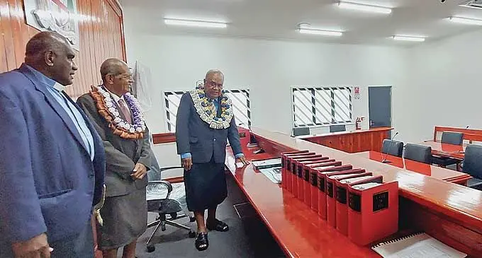 From left: Reverend Atunaisa Lagilagi, Taukei Vidilo Ratu Wiliame Bouwalu, and the Acting Chief Justice Salesi Temo at one of the court rooms in the new Tagimoucia Court Complex in Lautoka on December 6, 2023. Photo: Salote Qalubau