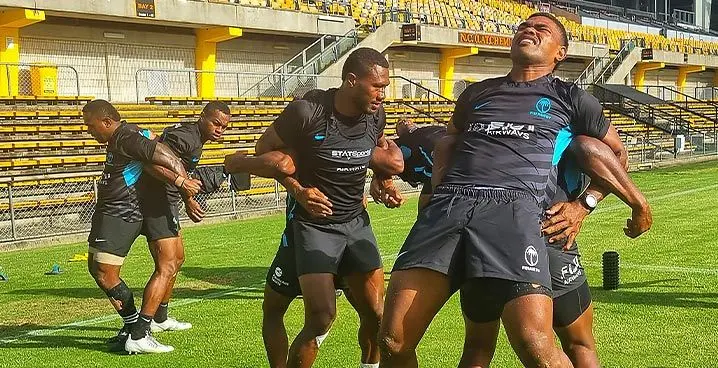Fiji Airways Fijian sevens players during a team’s training session at the Keith Barnes Stadium in Sydney, Australia on January 24, 2023. From left: Waisea Nacuqu, Vuiviwa Naduvalo, Iowane Teba and Josese Batirerega. Photo: FRU Media