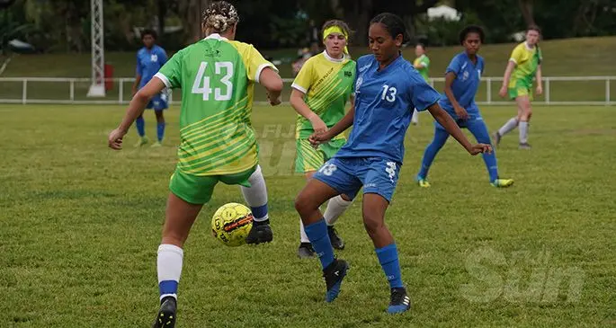Action from the IanHollis girls senior IFG NSW and Fiji West match during the 2019 Ultimate Fiji Football Cup at Prince Charles Park in Nadi. Photo: Waisea Nasokia