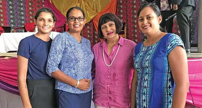  Women in Business President Dr Nur Bano Ali with women teachers (From left): Sheenal Kiran Raj ,Shobna Kiran Raj and Siti Dutt at the Women in Education leadership Forum at the Civic Centre in Labasa on March 12, 2022. Photo: Laisa Lui