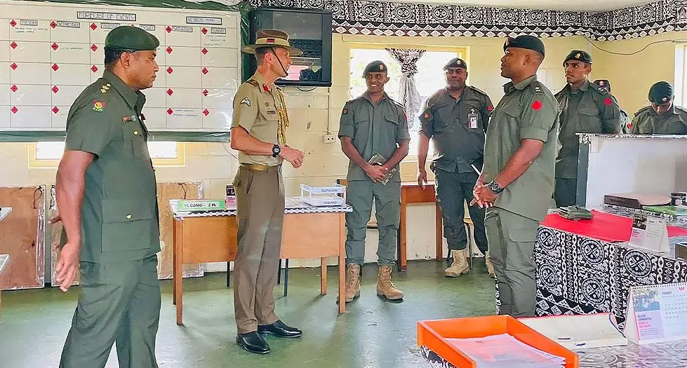 Australian Defence Advisor Colonel Henry Stimson with the Republic of Fiji Military Forces (RFMF) 3FIR personnel at the Queen Elizabeth Barracks, Nabua. Photo: RFMF Media Cell
