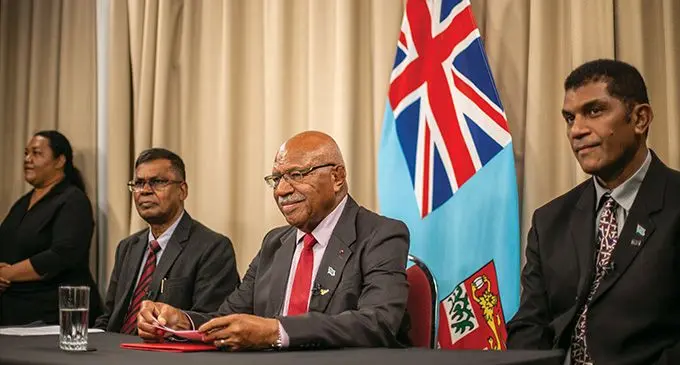 From left: Deputy Prime Minister and Minister for Finance Biman Prasad, Prime Minister Sitiveni Rabuka and Minister for Education Aseri Radrodro during the press conference at the Office of the Prime Minister on January 10, 2023. Photo: Leon Lord