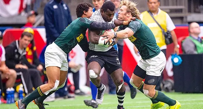 Fiji Airways Fijian 7s rep Asaeli Tuivoka against South Africa at the Canada 7s in Vancouver on March 11, 2019. Photo: Ian Muir