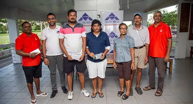 Winners and officials of the RC Manubhai Suva Open (from left) Vijay Pillai ( A- grade 1st place) Atish Kumar (RC Manubhai group marketing manager) Goel Aman Lal (C- grade 1st place), Kamini Singh (Ladies 1st place) Agnes Manegreve (club committee chair),Mohmood Buksh (Fiji Golf Club committee member) Fiji Golf Club captain Mahendra Nair at the Fiji Golf House in Raffle Range, Vatuwaqa, on April 8 2022. Photo- Leon Lord