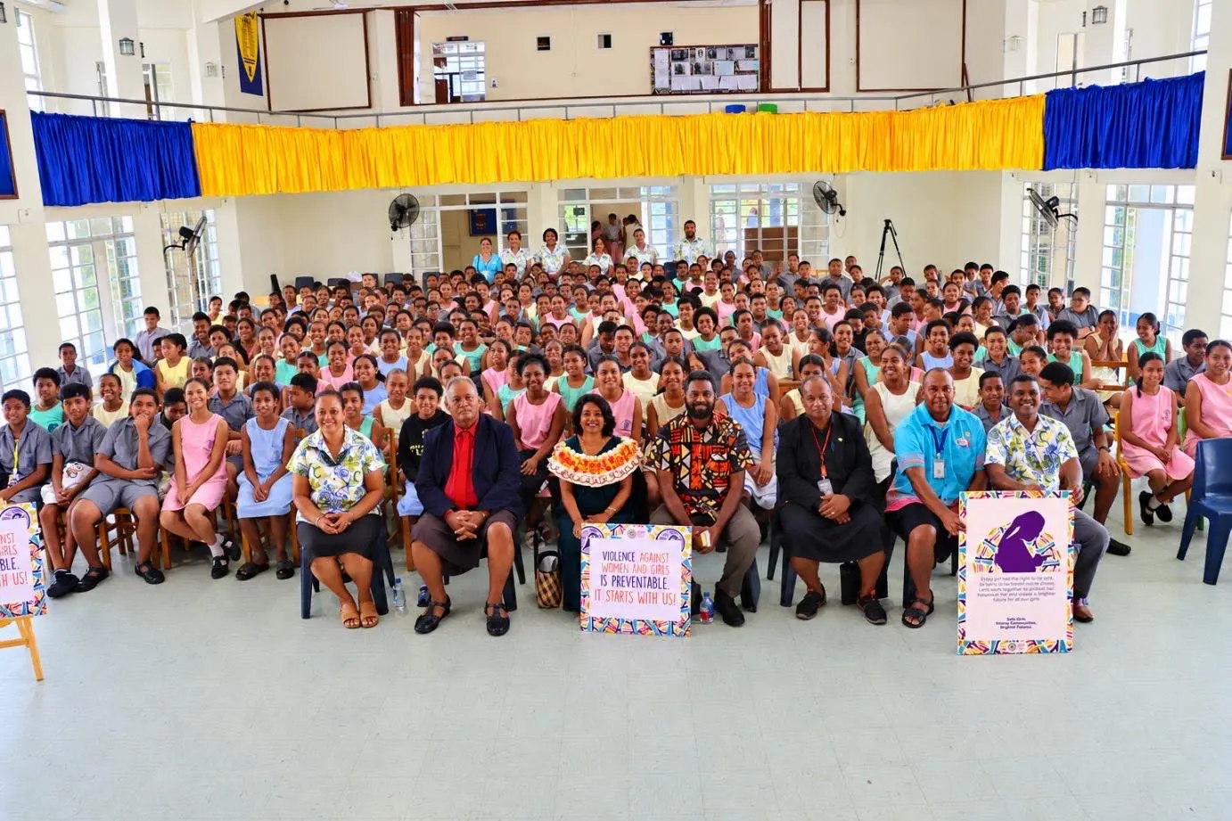 Minister for Women, Children and Social Protection Sashi Kiran (middle) with students and Teachers of Veiuto Primary School yesterday. 