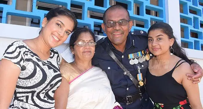Superintendent Manoj Singh with wife Chaand Kumari and daughters Dr Priya Kaur (left) and Pragati Kaur after receiving the 50th Anniversary Independence Commemorative Medal at Nasova ground on November 13, 2020. Photo: Ronald Kumar