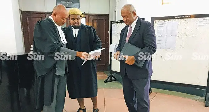 Freesoul Real Estate Development (Fiji) Pte Limited lawyer David Toganivalu (left), Director of Public Prosecutions counsel Meli Vosawale (middle), and Freesoul Real Estate Development (Fiji) Pte Limited project officer, Saula Sovanivalu outside the High Court in Suva on April 28, 2022.  Photo: Ashna Kumar