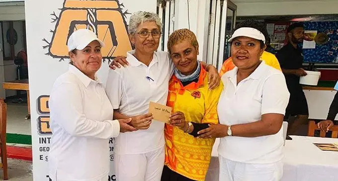 Trips champions from left Sherly Edwards, Loretta Kotoisuva, Geotech Director Charlotte Barnet and Elizabeth Mocewai . Photo: Suva Bowling.