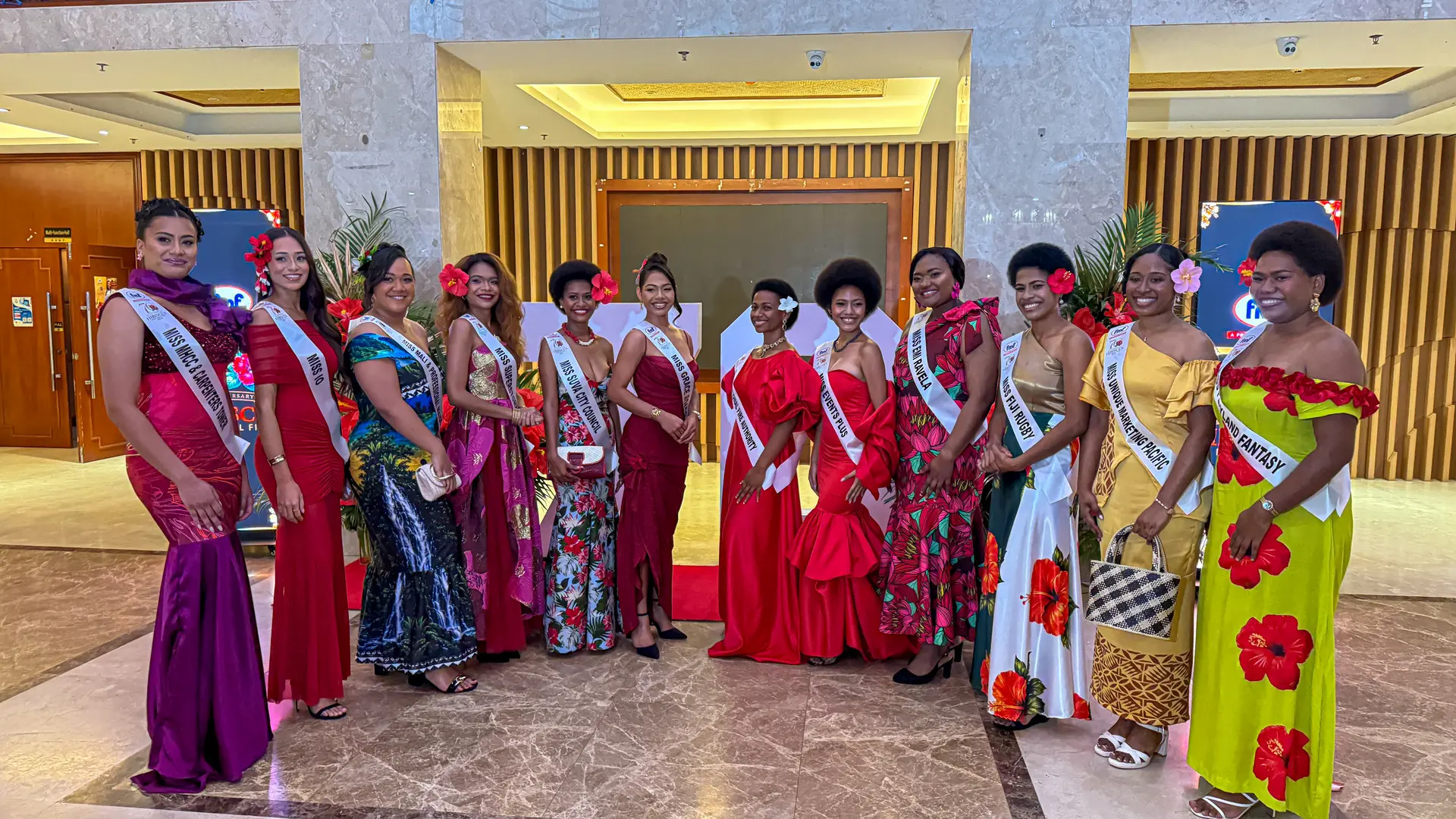 The 12 Queen contestants take centre stage at the official launch of the FMF Hibiscus Festival 2026 at the Civic Centre Auditorium on August 13, 2026.  From left: Miss MHCC & Carpenters Tower Sala Korosaya, Miss IO Leaona Douglas, Miss Mali & Professional Maids Olivia Gade, Miss Superstore Nicole Matavesi, Miss Suva City Council Salanieta Sekiseki, Miss Grace Road Keren Koroi, Miss National Fire Authority Temalesi Alutakua, Miss Events Plus Kali Shaw, Miss Kaibu Island Emi Ravela, Miss Fiji Rugby Suliana Latianara, Miss Unique Marketing Pacific Potaisia Rokowailoa, and Miss Playland Fantasy Bulou Boteiova.