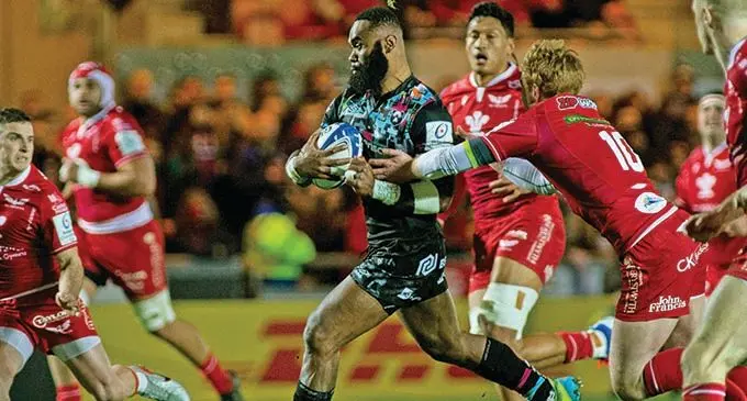 Bristol Bears centre Semi Radradra bursts through the Scarlets defence during their Heineken Champions Cup clash in West Wales on January 22, 2022. Photo: Bristol Bears