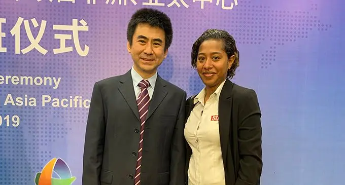 Fiji Sun senior journalist Fonua Talei (right) with Director of the China Asia Pacific Press Centre Yu Lei at the opening of this year’s China International Press Communication Centre Programme on February 27, 2019.