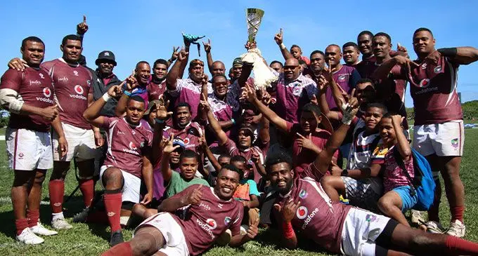Lautoka rugby players and officials with the Vanua Challenge Cup at Lawaqa Park, Sigatoka, on September 30, 2023. Photo: FRU Media
