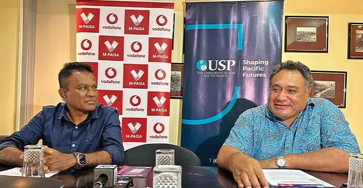 From left: Head of Vodafone eCommerce and Digital Financial Services, Shailendra Prasad with Vice-Chancellor and Vice President Regional Campuses and Global Engagements of the University of the South Pacific Giulio Masasso Tu’ikolongahau Paunga at USP Laucala campus on February 23, 2023. Photo: Sosiveta Korobiau