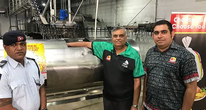From left: Corporal Leslie Miller, Ashabhai and Co Limited resident director Harish Patel, and Future Farm PTE Limited general manager Stanley Raniga at the draw for free chicken for a year, at the Navau plant, Ba on March 24, 2022. Photo: Waisea Nasokia